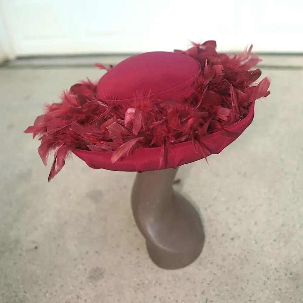 Vintage Gilbert and Ivy Burgundy Wool Feather Pillbox Hat / Fascinator